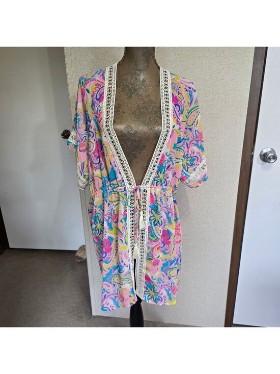 Unbranded Other - Small Kimono Swim Cover M/L Multicolor Paisley Floral Lace Trim Boho Colorful